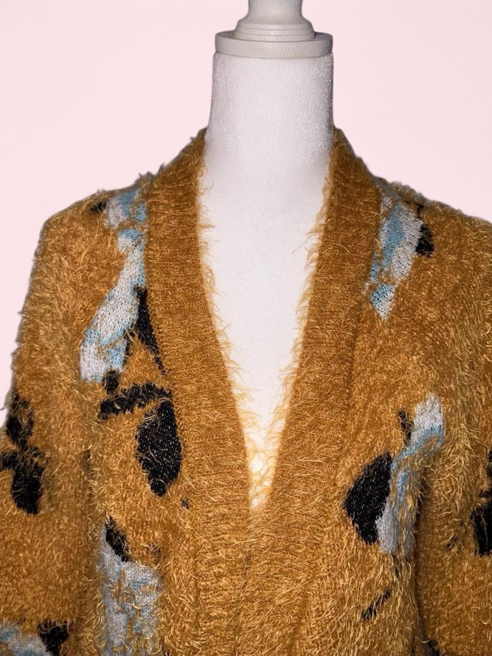 Charlotte Russe Mustard Fuzzy Floral Cardigan with Blue and Black Accents - Picture 3 of 8